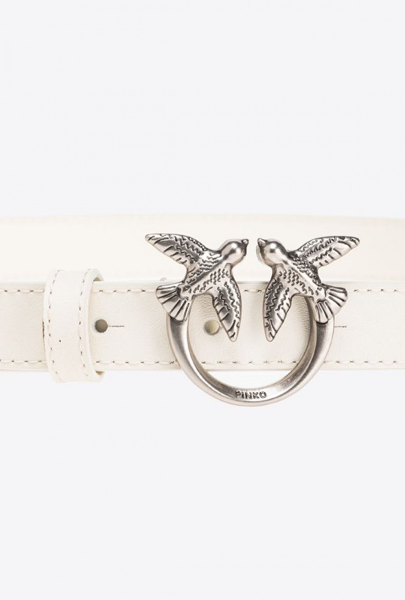 Pinko Love Birds Thin Leather Belt 2cm WHITE+WHITE-OLD SILVER | SN-PKO34172