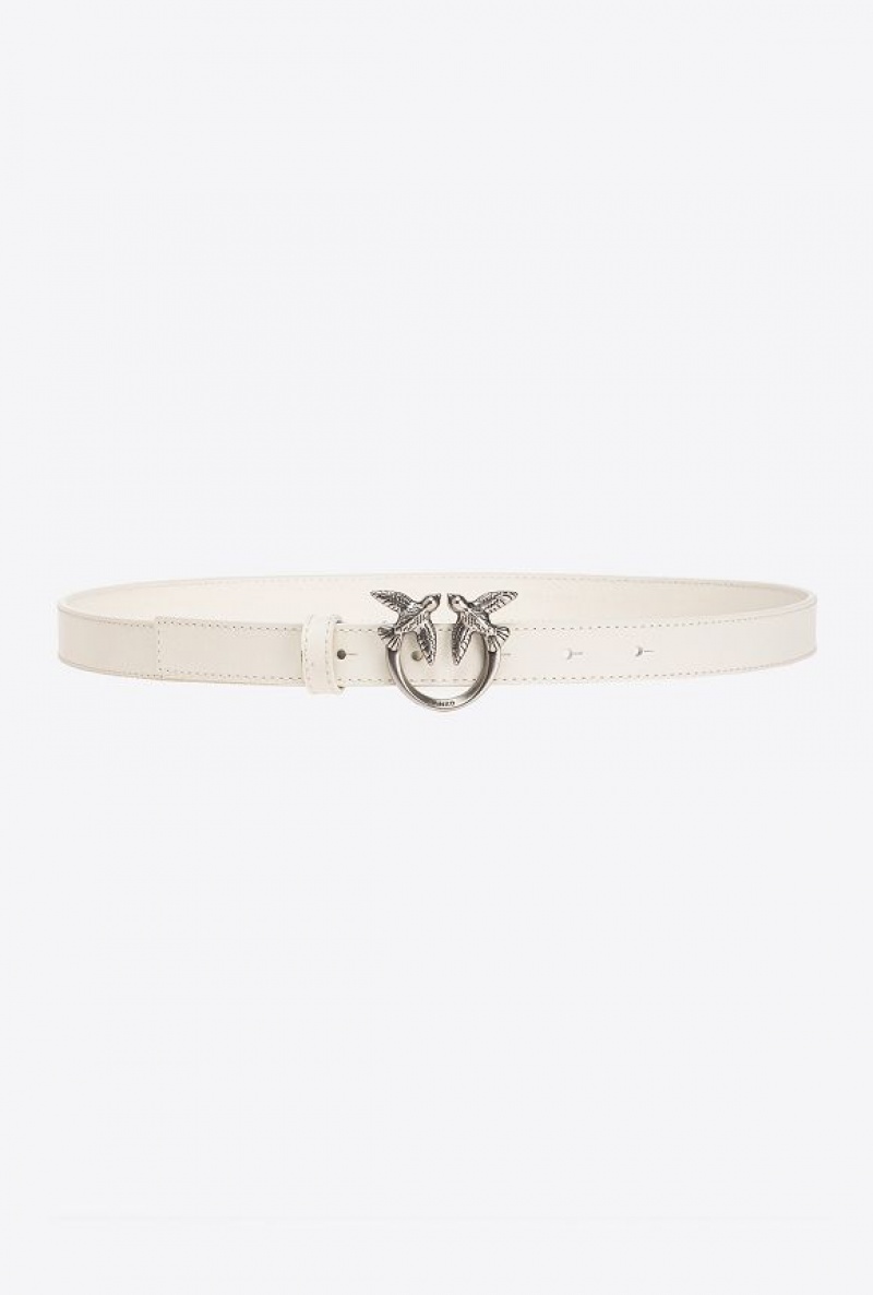 Pinko Love Birds Thin Leather Belt 2cm WHITE+WHITE-OLD SILVER | SN-PKO34172