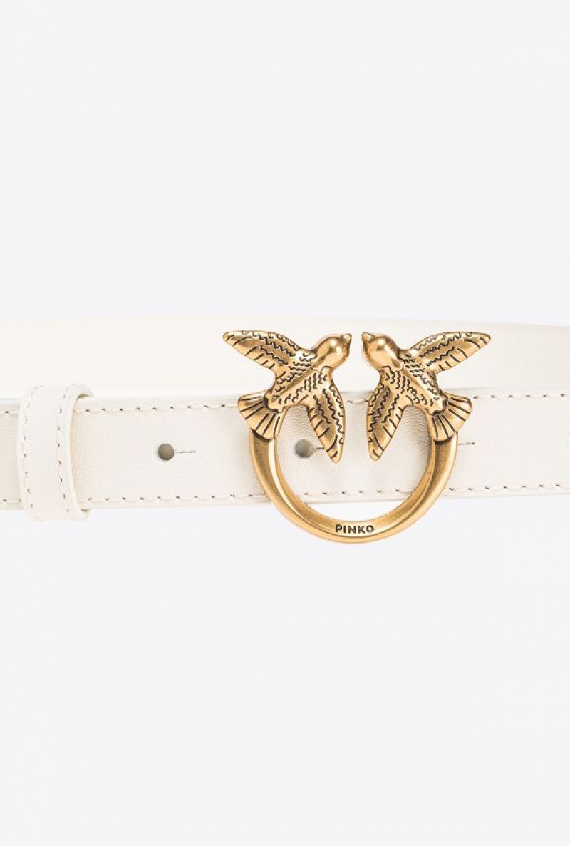 Pinko Love Birds Thin Leather Belt 2cm WHITE+WHITE-ANTIQUE GOLD | SN-PKO34238