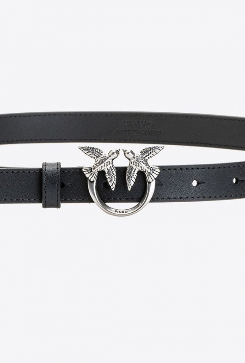 Pinko Love Birds Thin Leather Belt BLACK-OLD SILVER | SN-PKO34195