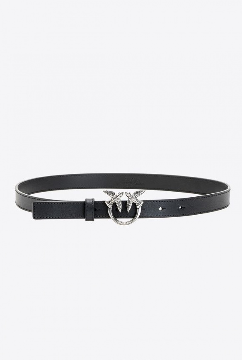 Pinko Love Birds Thin Leather Belt BLACK-OLD SILVER | SN-PKO34195