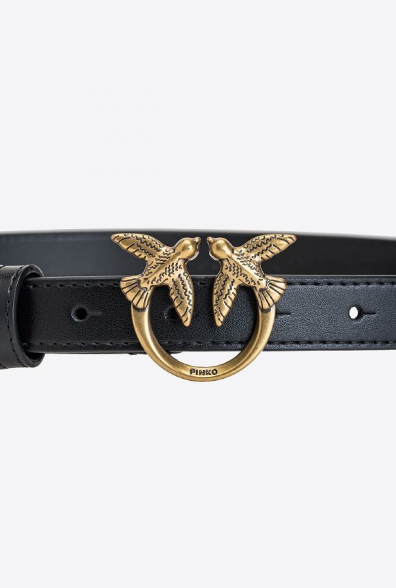 Pinko Love Birds Thin Leather Belt BLACK-ANTIQUE GOLD | SN-PKO34198