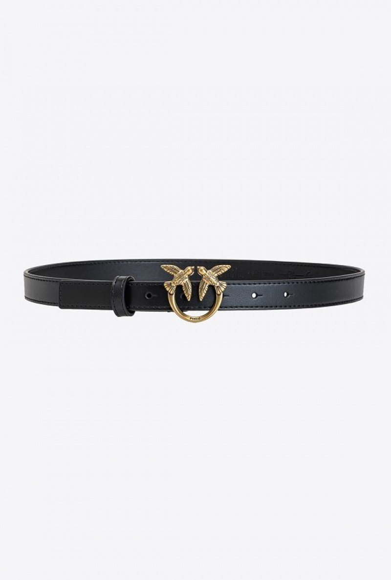 Pinko Love Birds Thin Leather Belt BLACK-ANTIQUE GOLD | SN-PKO34198