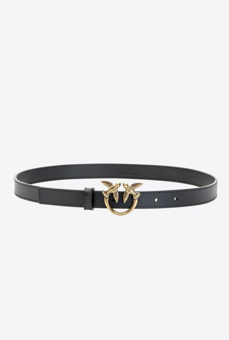 Pinko Love Birds Thin Leather Belt BLACK-ANTIQUE GOLD | SN-PKO34199