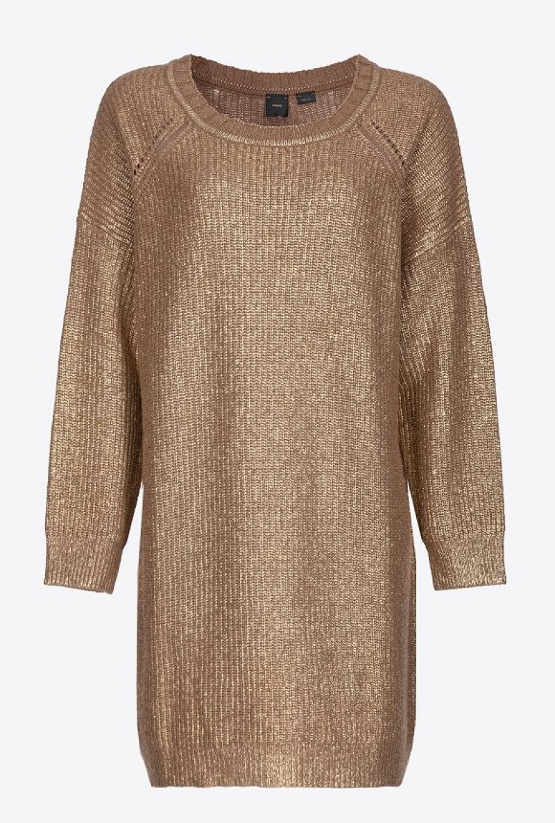 Pinko Metallic Knit Dress MOCHA/GOLD | SN-PKO33021