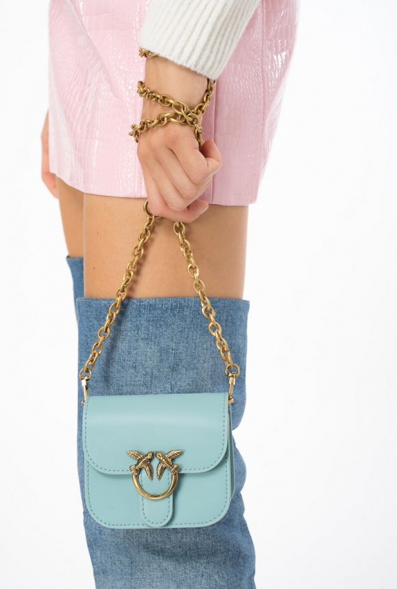 Pinko Micro Love Bag Bell In Leather SEA BLUE-ANTIQUE GOLD | SN-PKO32814