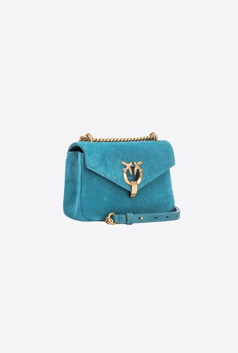 Pinko Mini Cupido Bag Messenger In Suede PACIFIC BLUE-ANTIQUE GOLD | SN-PKO32581