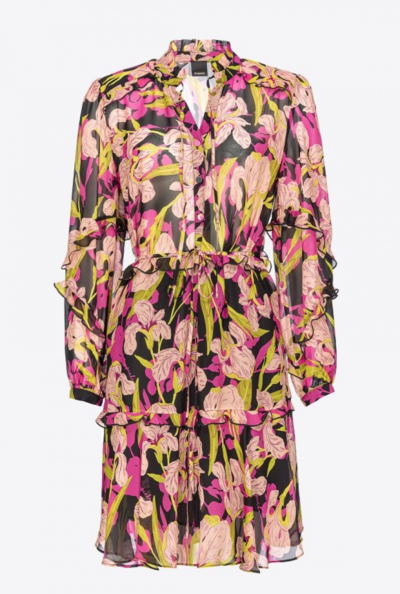 Pinko Mini Dress With Iris Print MULTICOLOUR - BLACK/FUCHSIA | SN-PKO33108