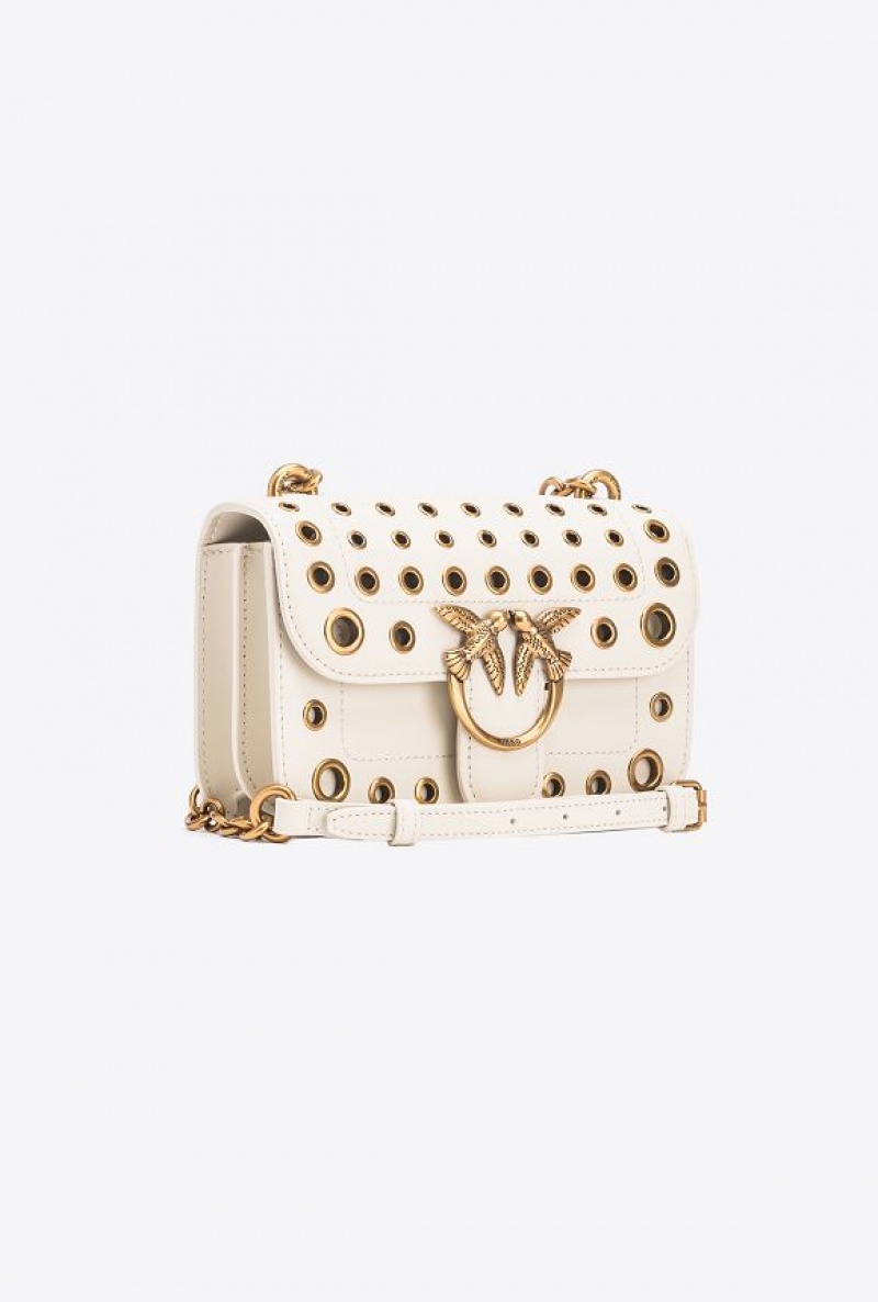 Pinko Mini Love Bag Bell With Metal Eyelets WHITE+WHITE-ANTIQUE GOLD | SN-PKO32547