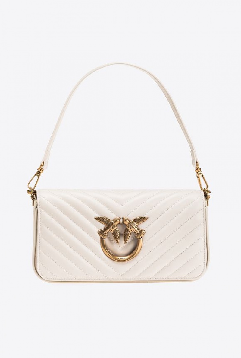 Pinko Mini Love Bag Click Baguette Chevron WHITE+WHITE-ANTIQUE GOLD | SN-PKO32578