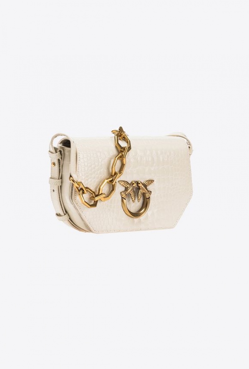 Pinko Mini Love Bag Click Exagon In Patent Crocodile-print Leather WHITE+WHITE-ANTIQUE GOLD | SN-PKO32435