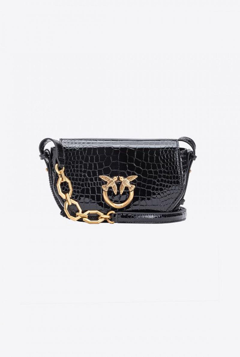 Pinko Mini Love Bag Click Exagon In Patent Crocodile-print Leather BLACK-ANTIQUE GOLD | SN-PKO32436