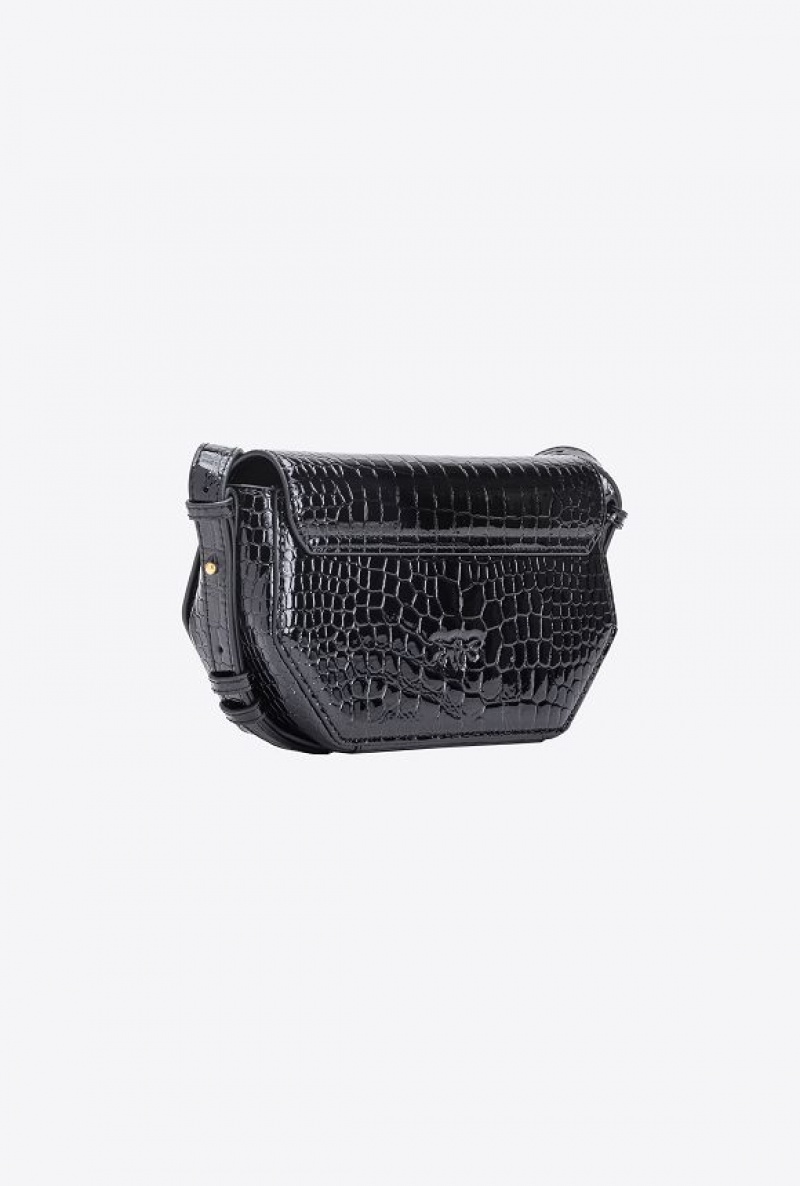 Pinko Mini Love Bag Click Exagon In Patent Crocodile-print Leather BLACK-ANTIQUE GOLD | SN-PKO32726