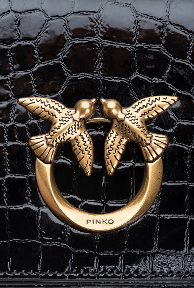 Pinko Mini Love Bag Click Exagon In Patent Crocodile-print Leather BLACK-ANTIQUE GOLD | SN-PKO32726