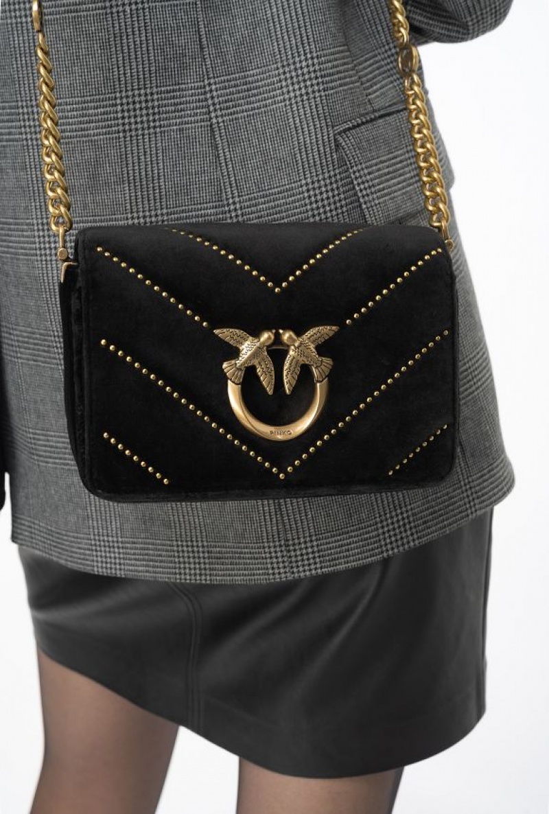 Pinko Mini Love Bag Click In Velvet With Studs BLACK-ANTIQUE GOLD | SN-PKO32759