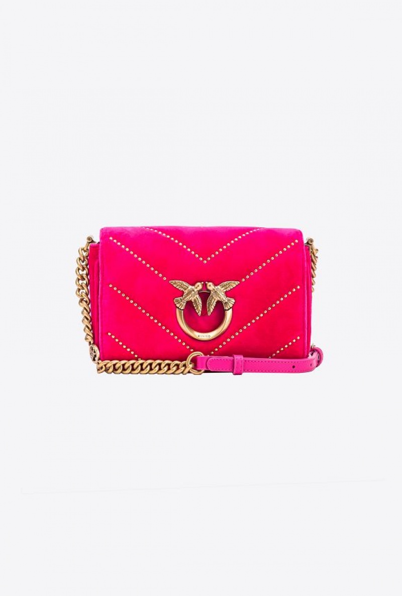 Pinko Mini Love Bag Click In Velvet With Studs CHERRY-ANTIQUE GOLD | SN-PKO32768