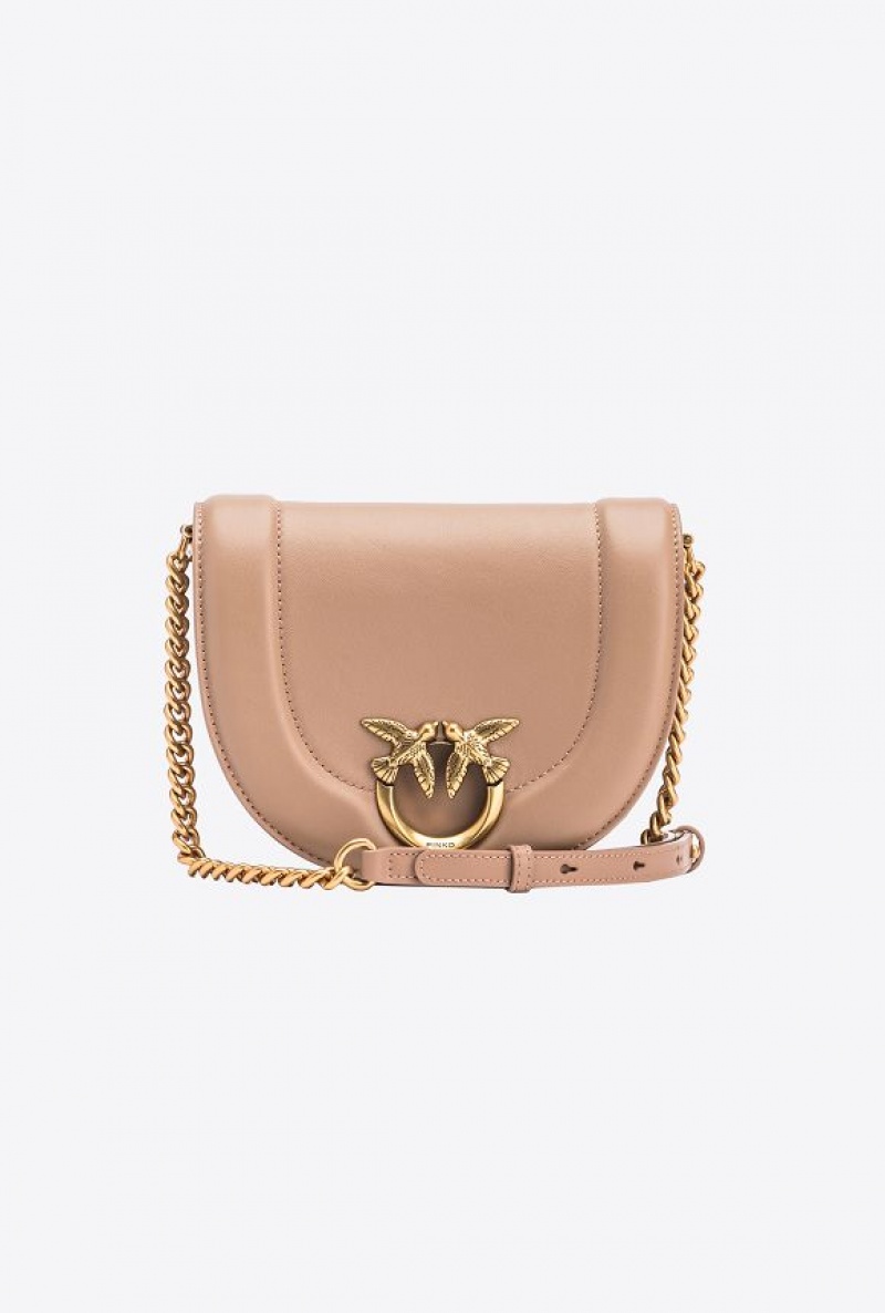 Pinko Mini Love Bag Click Round In Leather GINGER BISCUIT-ANTIQUE GOLD | SN-PKO32723