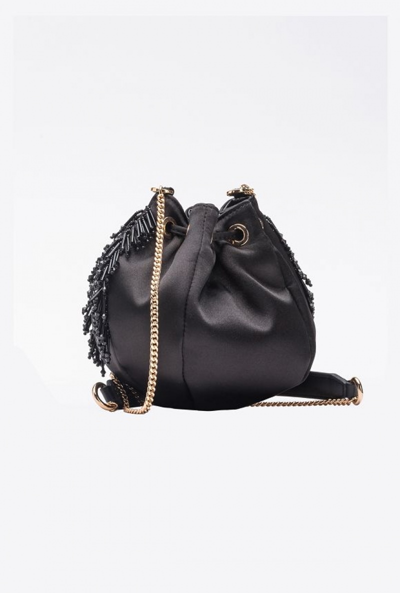 Pinko Mini Satchel Bag In Satin With Fringe LIMO BLACK-SHINY GOLD | SN-PKO32563