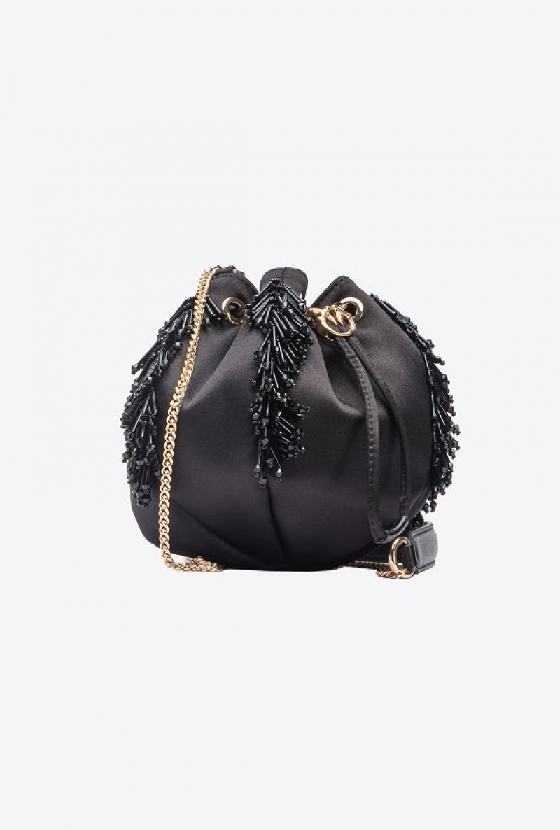 Pinko Mini Satchel Bag In Satin With Fringe LIMO BLACK-SHINY GOLD | SN-PKO32563