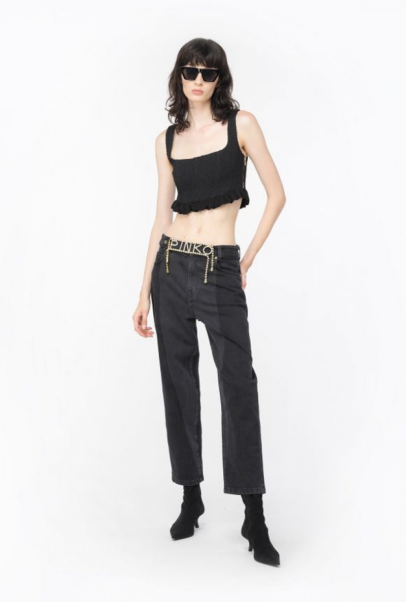 Pinko Mom-fit Black Denim Jeans With Rhinestone Logo GREY/BLACK | SN-PKO34021