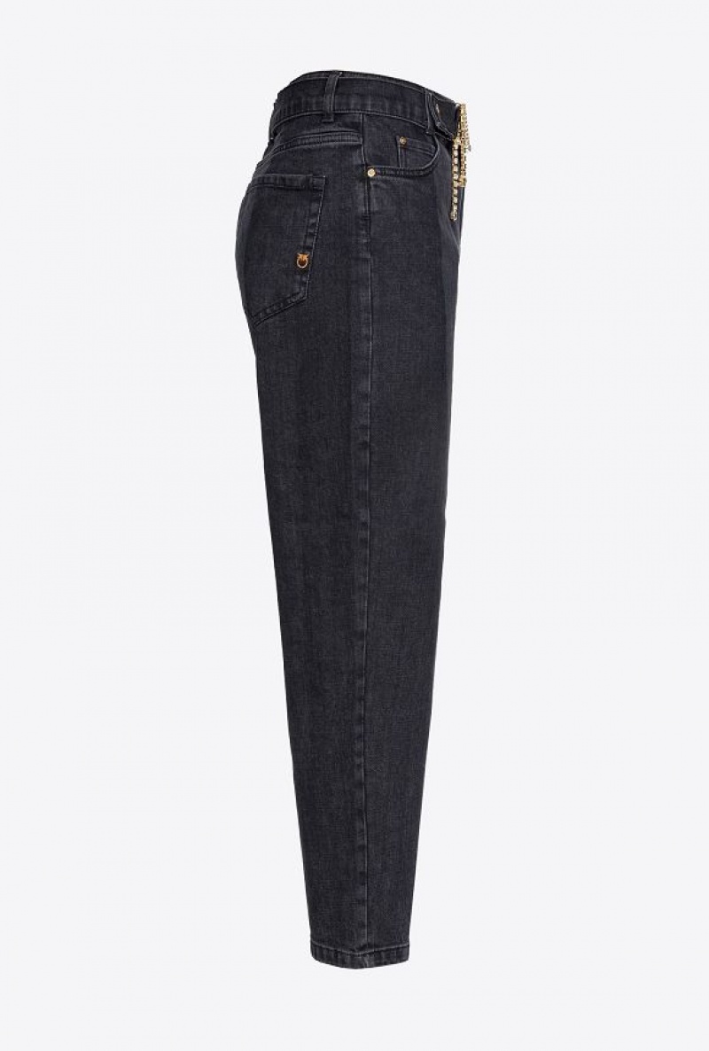 Pinko Mom-fit Black Denim Jeans With Rhinestone Logo GREY/BLACK | SN-PKO34021