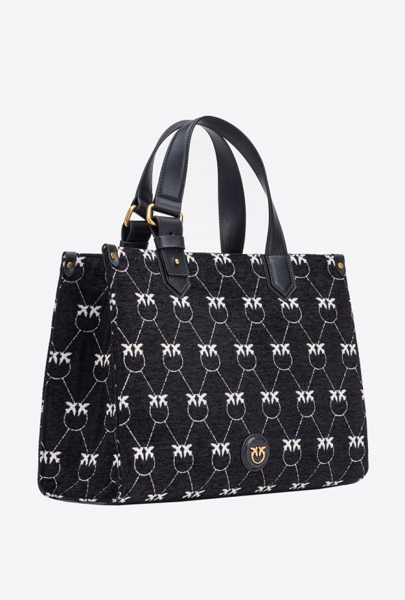 Pinko Monogram Jacquard Shopper Box Bag BLACK/WHITE-ANTIQUE GOLD | SN-PKO32853