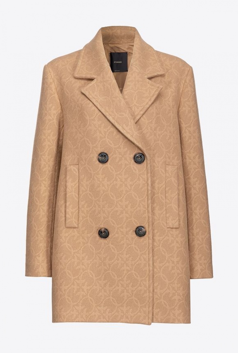 Pinko Monogrammed Jacquard Pea Coat MOCHA CAMEL | SN-PKO33666