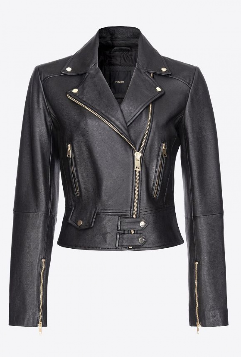 Pinko Nappa Leather Biker Jacket LIMO BLACK | SN-PKO33602