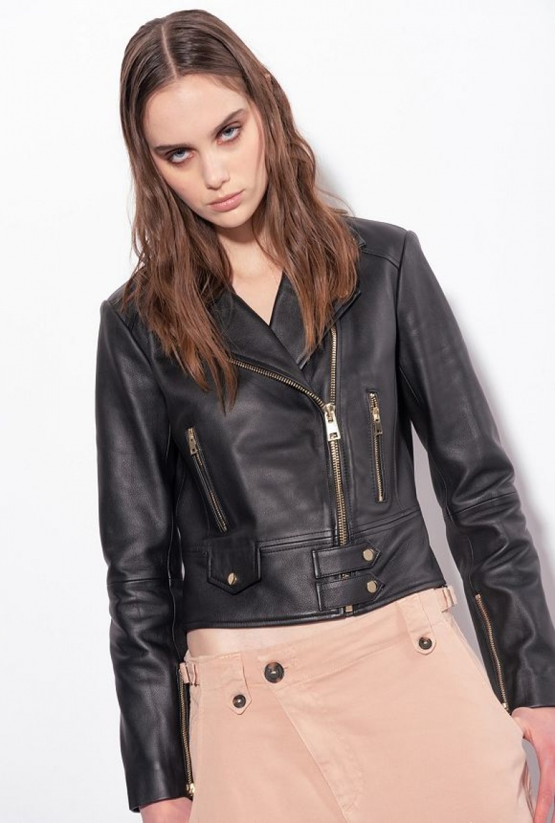 Pinko Nappa Leather Biker Jacket LIMO BLACK | SN-PKO33602