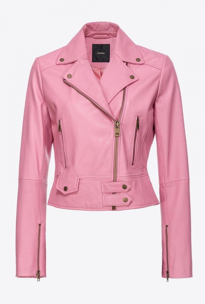 Pinko Nappa Leather Biker Jacket PINK - POLIGNAC | SN-PKO33590