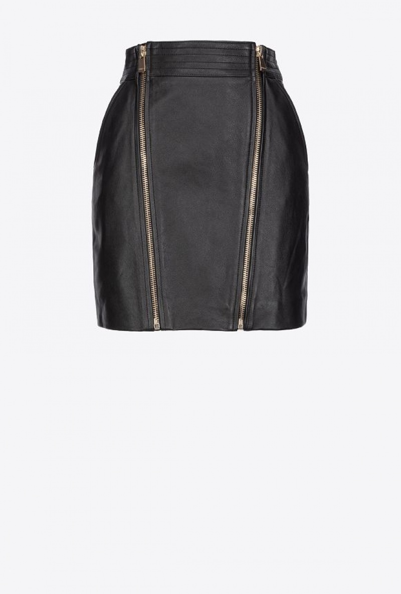 Pinko Nappa Leather Mini Skirt With Zip LIMO BLACK | SN-PKO34079