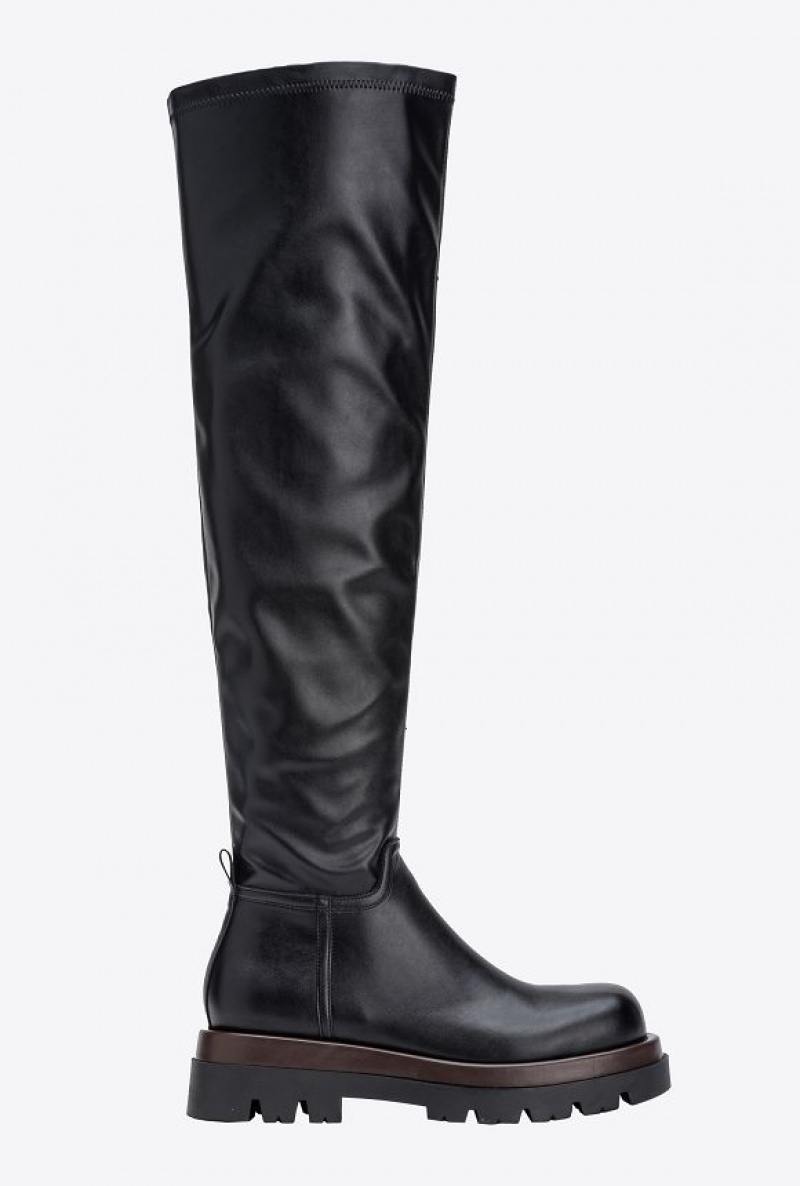 Pinko Nappa-effect Thigh-high Combat Boots LIMO BLACK | SN-PKO34141