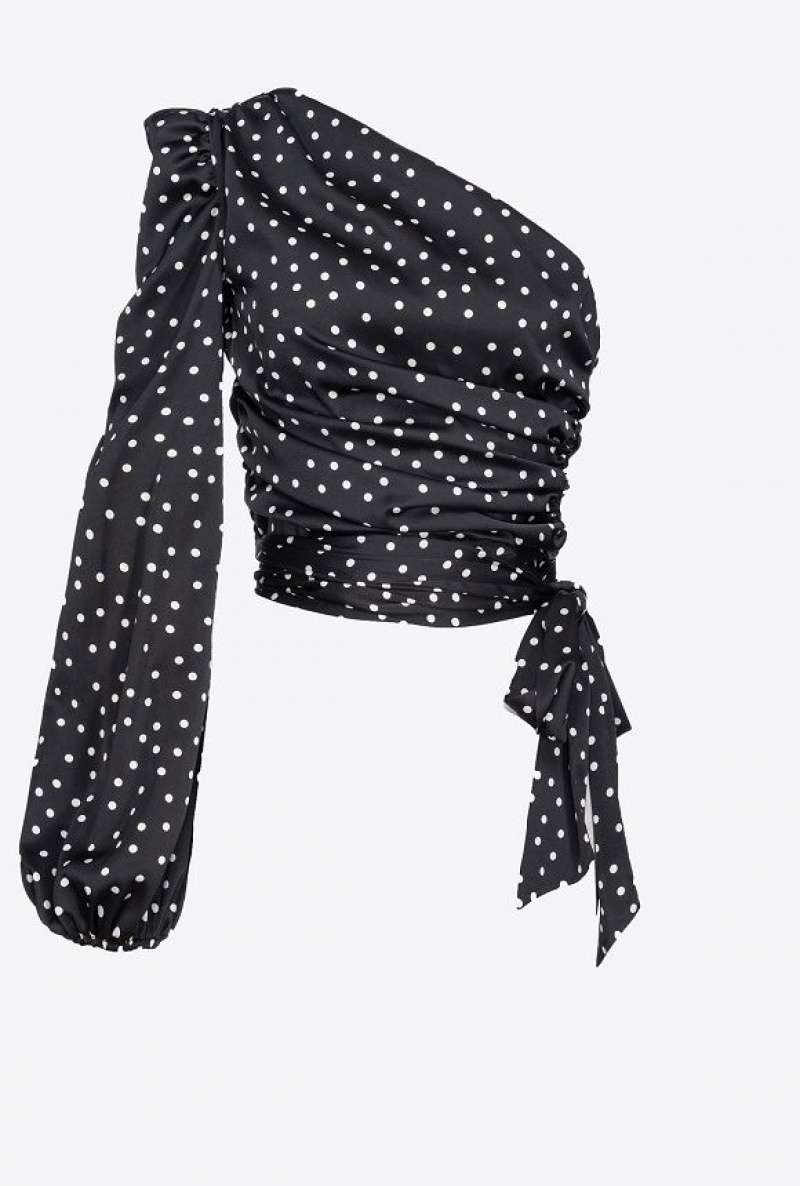 Pinko One-shoulder Polka-dot Blouse BLACK/WHITE | SN-PKO33203