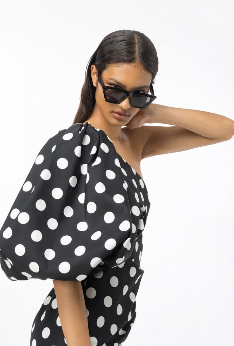 Pinko One-shoulder Polka-dot Mini Dress BLACK/WHITE | SN-PKO33049