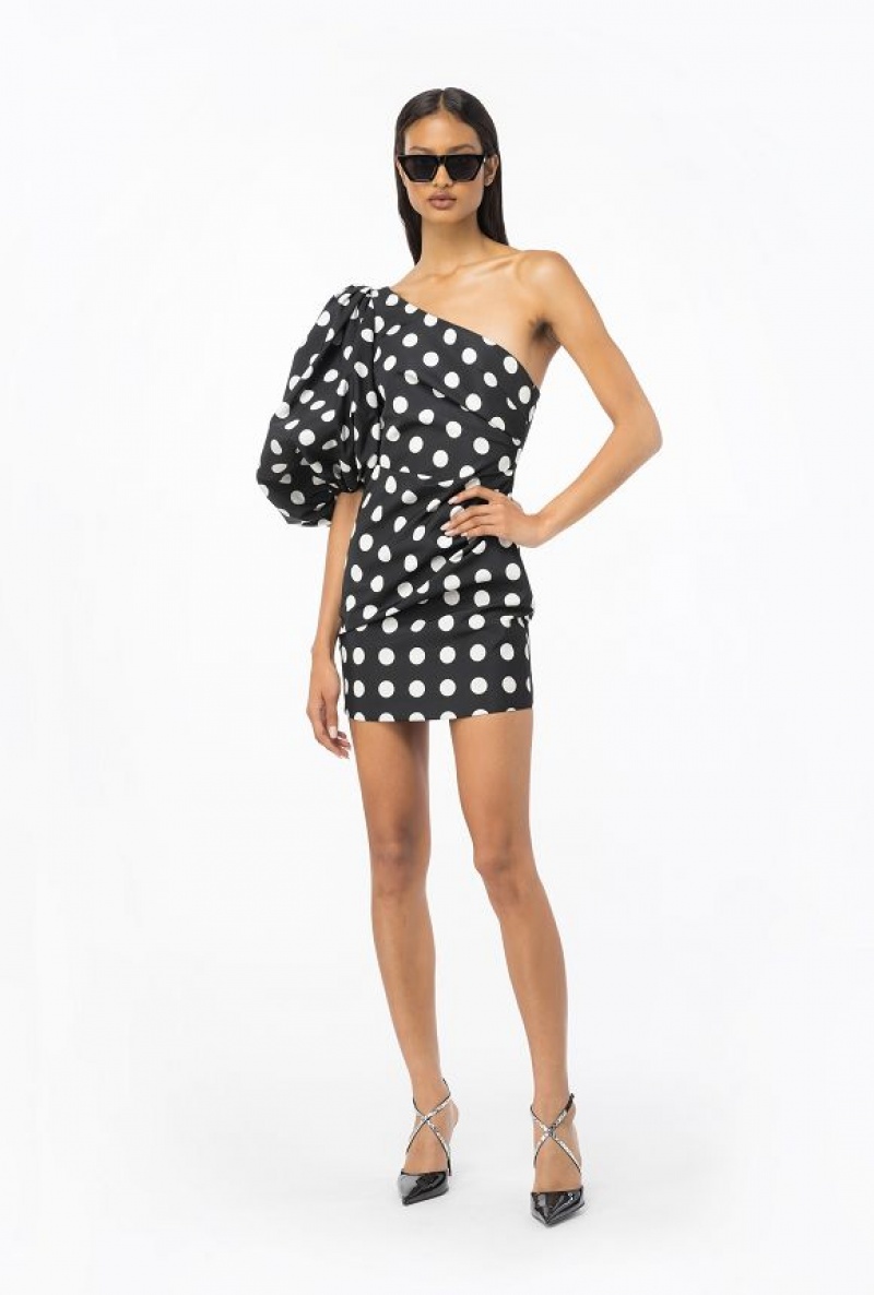 Pinko One-shoulder Polka-dot Mini Dress BLACK/WHITE | SN-PKO33049