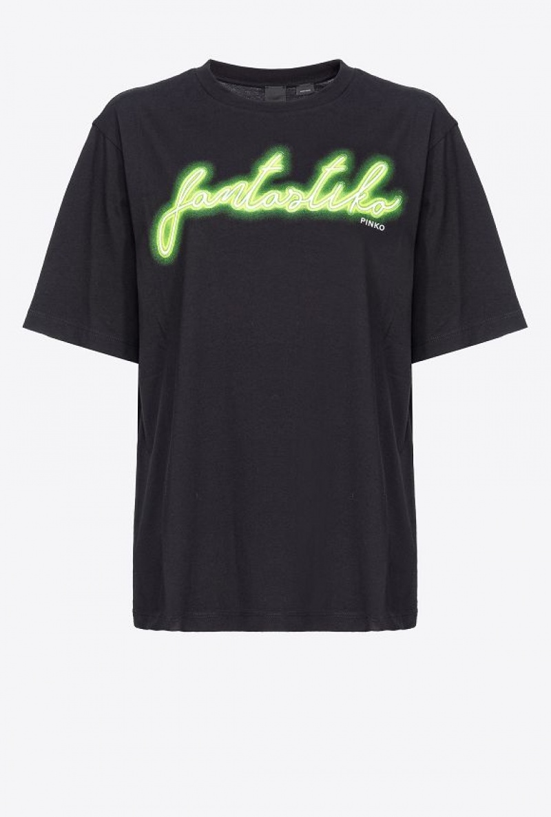 Pinko Oversized T-shirt With Fantastiko Print BLACK/GREEN | SN-PKO33358