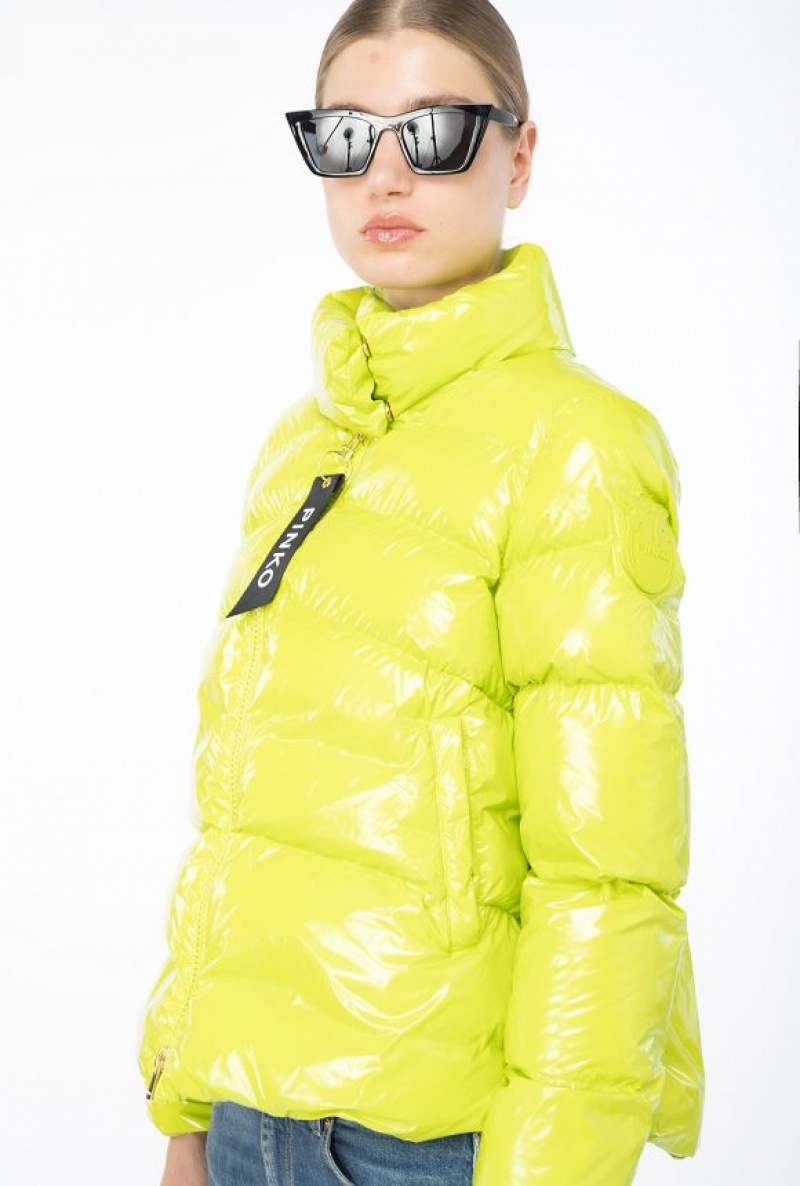 Pinko Padded Crystal Nylon Pea Jacket LIME YELLOW | SN-PKO33638