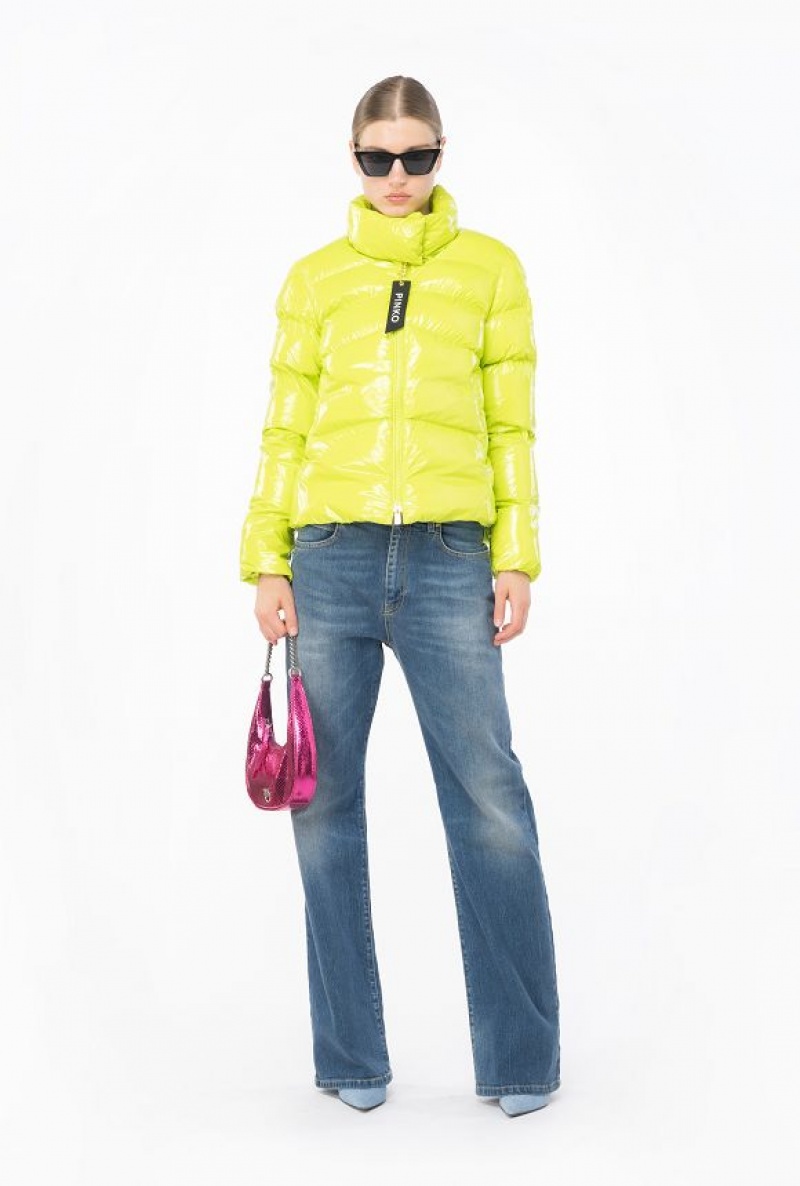 Pinko Padded Crystal Nylon Pea Jacket LIME YELLOW | SN-PKO33638