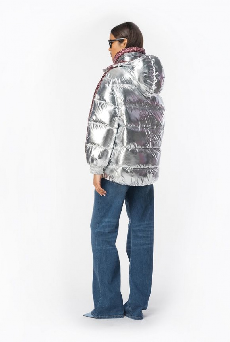 Pinko Padded Mirror-effect Pea Jacket SILVER/BURGUNDY | SN-PKO33618