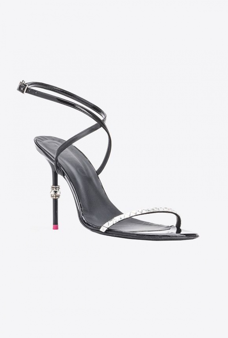 Pinko Patent Leather Sandals With Rhinestones LIMO BLACK | SN-PKO34163