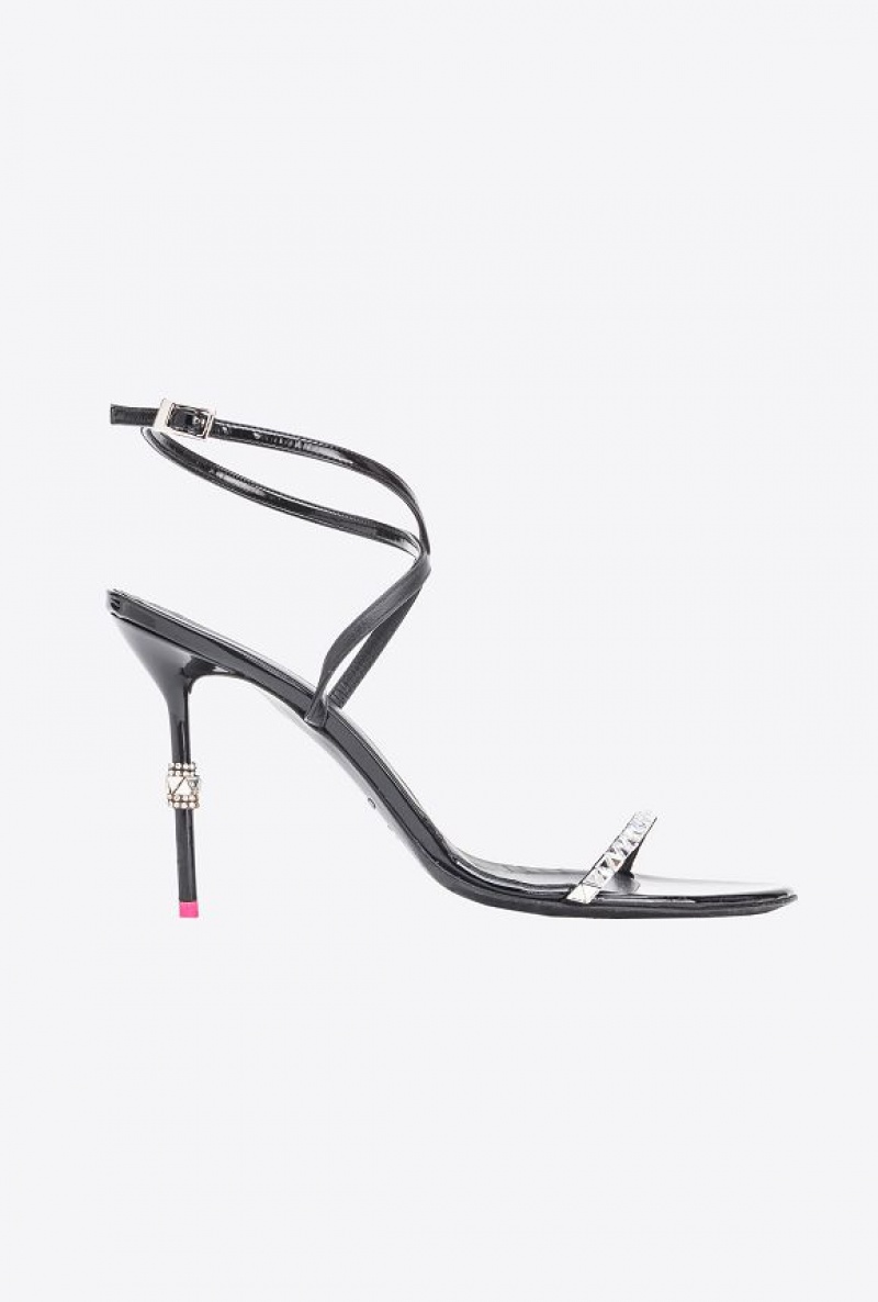 Pinko Patent Leather Sandals With Rhinestones LIMO BLACK | SN-PKO34163