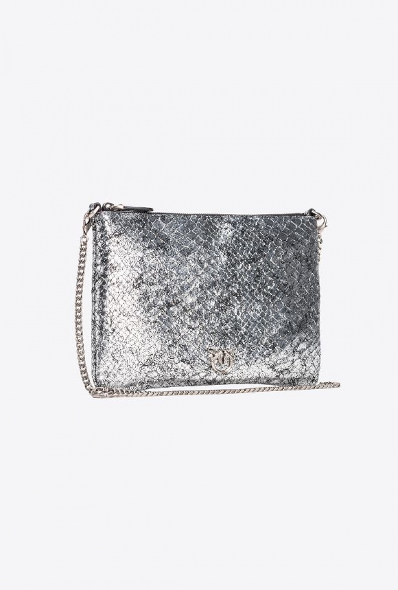 Pinko Pinko Galleria Crackle-effect Crocodile Flat Love Bag DARK SILVER-OLD SILVER | SN-PKO32348