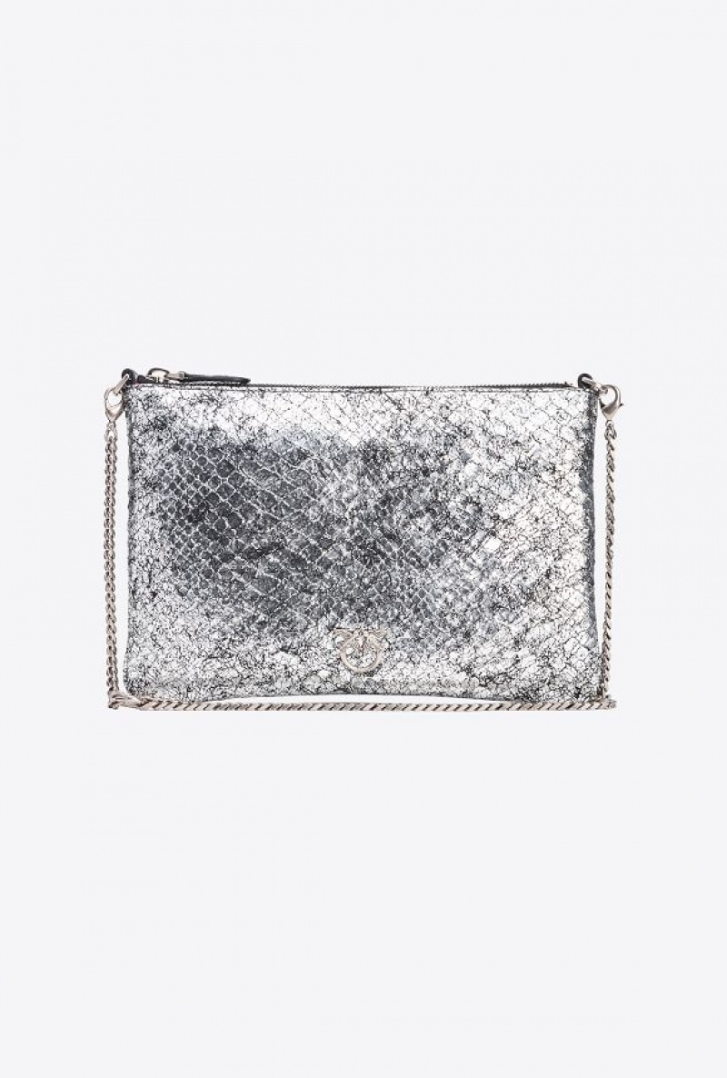 Pinko Pinko Galleria Crackle-effect Crocodile Flat Love Bag DARK SILVER-OLD SILVER | SN-PKO32348