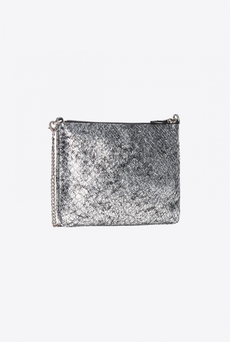 Pinko Pinko Galleria Crackle-effect Crocodile Flat Love Bag DARK SILVER-OLD SILVER | SN-PKO32694