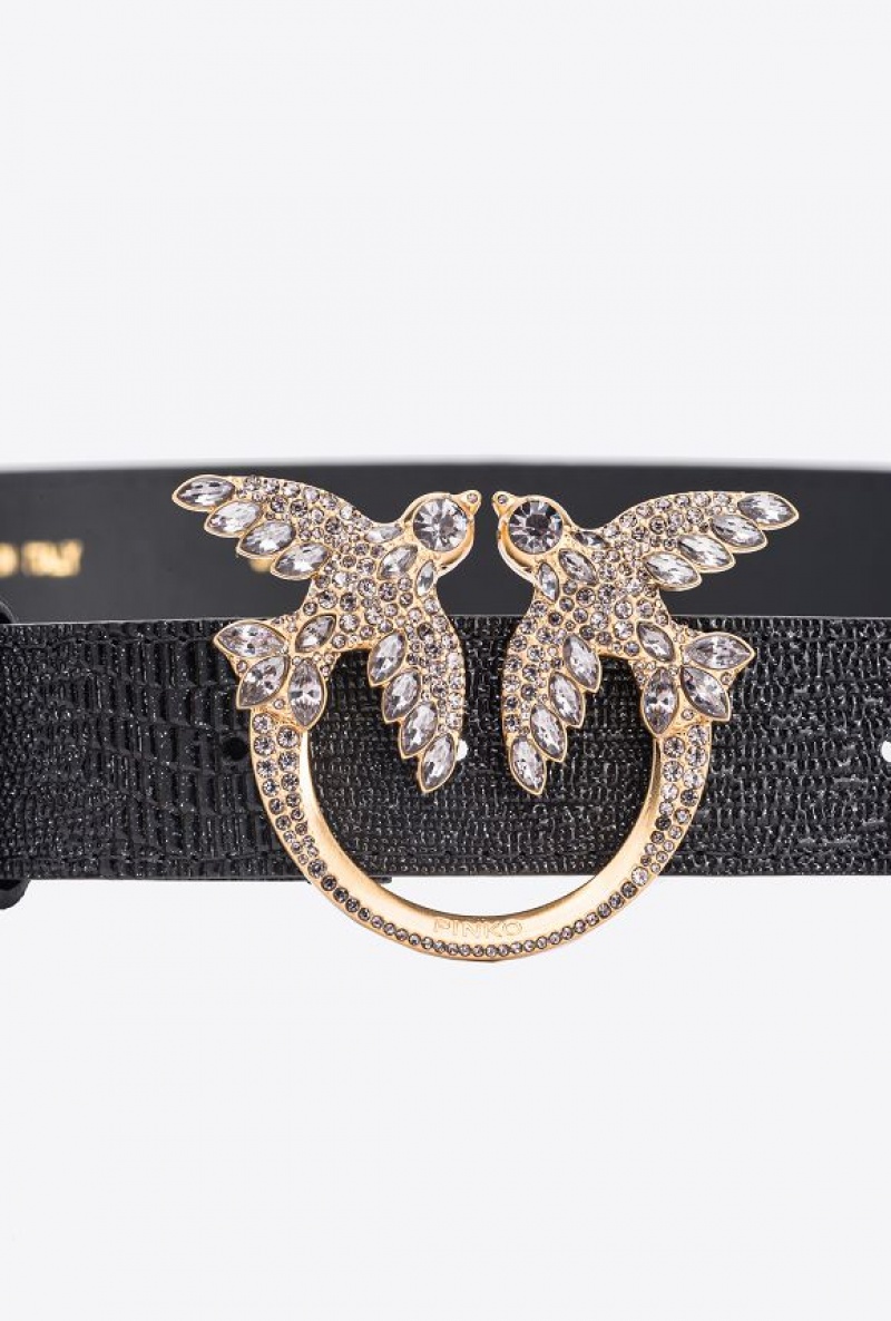 Pinko Pinko Galleria Glittery Reptile-print Belt With Love Birds 3cm BLACK-BRUSHED GOLD | SN-PKO34181