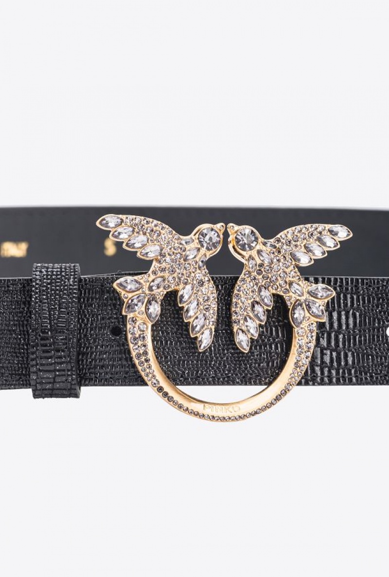 Pinko Pinko Galleria Glittery Reptile-print Belt With Love Birds 4cm BLACK-BRUSHED GOLD | SN-PKO34182