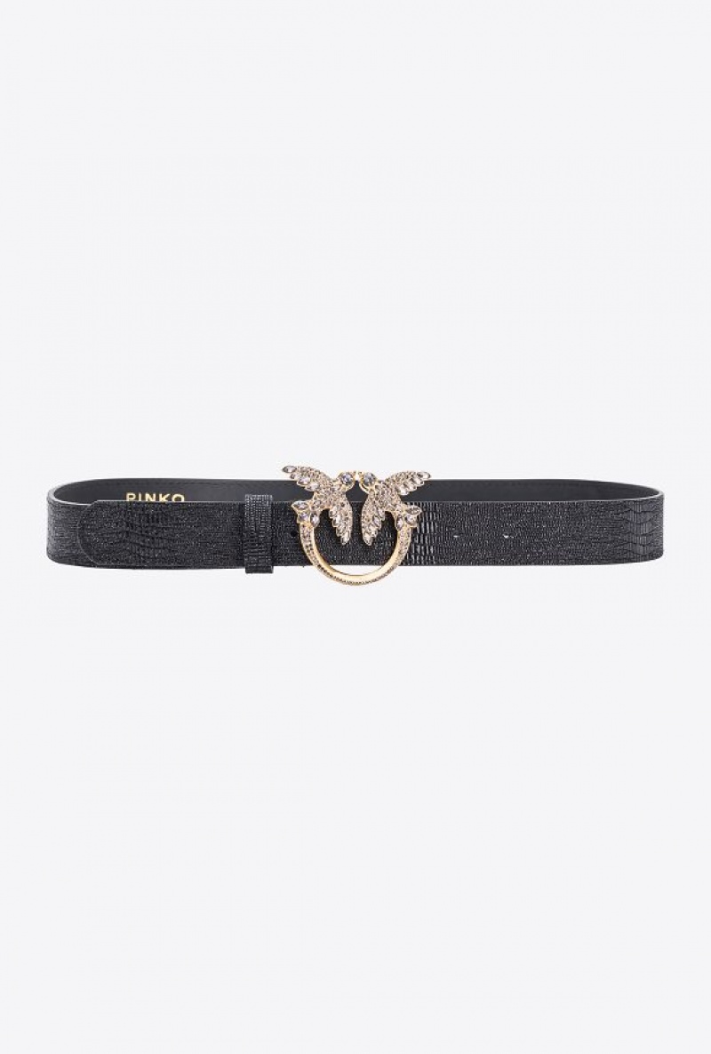 Pinko Pinko Galleria Glittery Reptile-print Belt With Love Birds 4cm BLACK-BRUSHED GOLD | SN-PKO34182