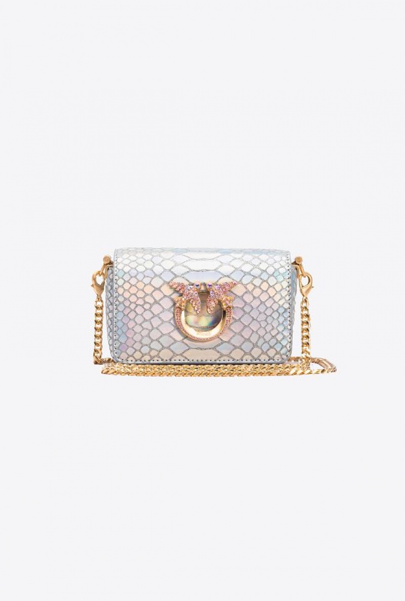 Pinko Pinko Galleria Micro Love Bag Click In Holographic Silver Reptile Skin LAMINATED SILVER-BRUSHED GOLD | SN-PKO32808