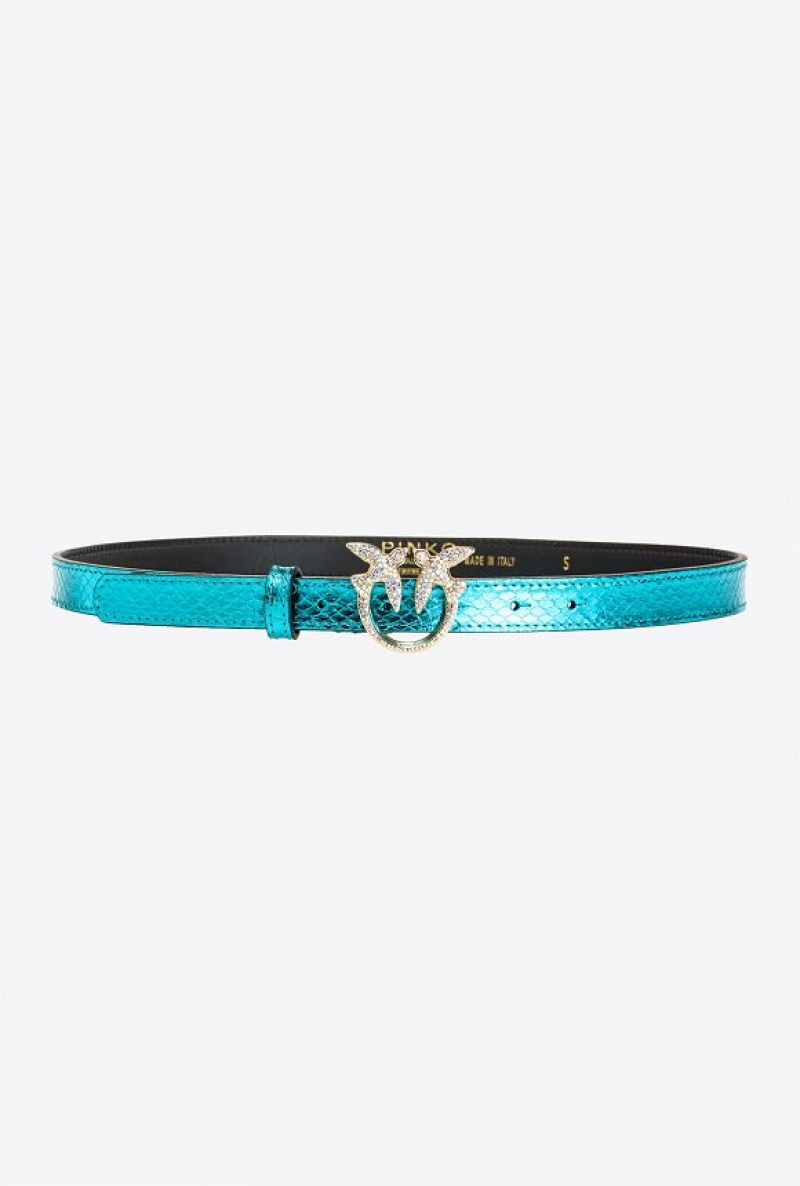 Pinko Pinko Galleria Thin Laminated Reptile Skin Belt PETROL-SHINY GOLD | SN-PKO34189