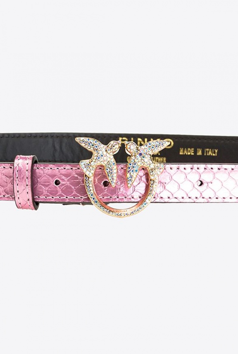 Pinko Pinko Galleria Thin Laminated Reptile Skin Belt POWDER PINK-SHINY GOLD | SN-PKO34190